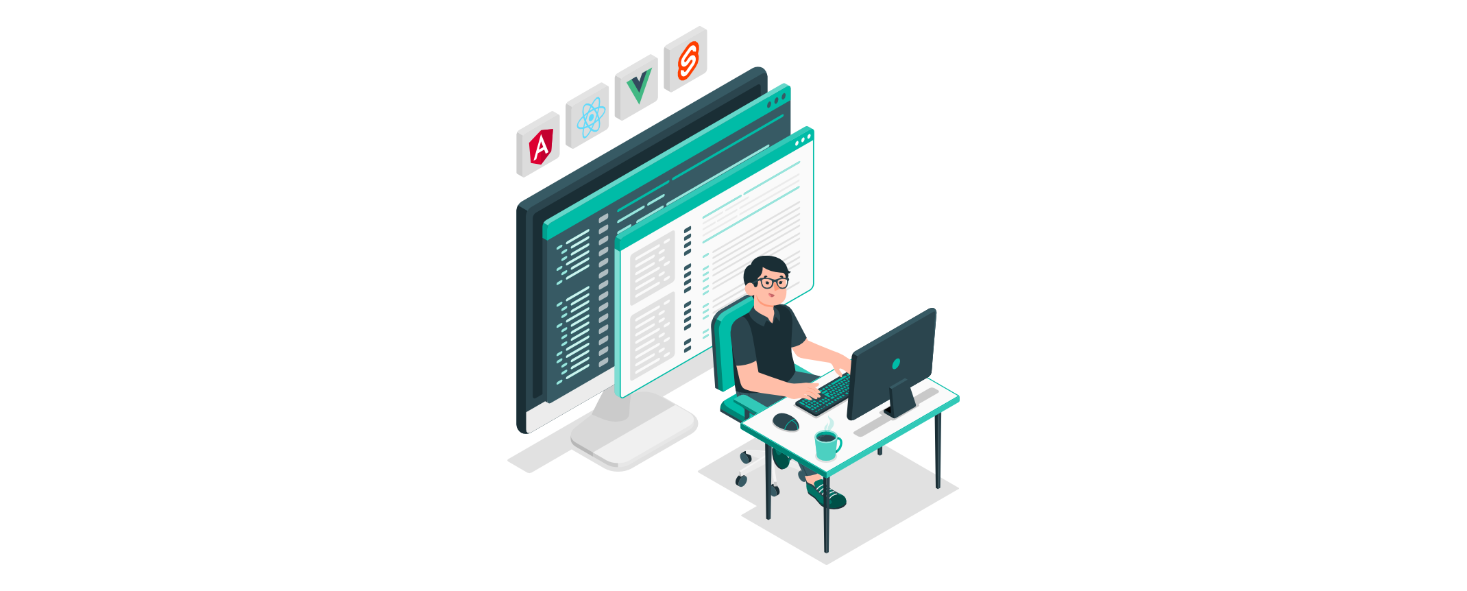 Entwickler am Schreibtisch mit Code auf mehreren Monitoren und Symbolen von Angular, React, Vue und Svelte darüber.