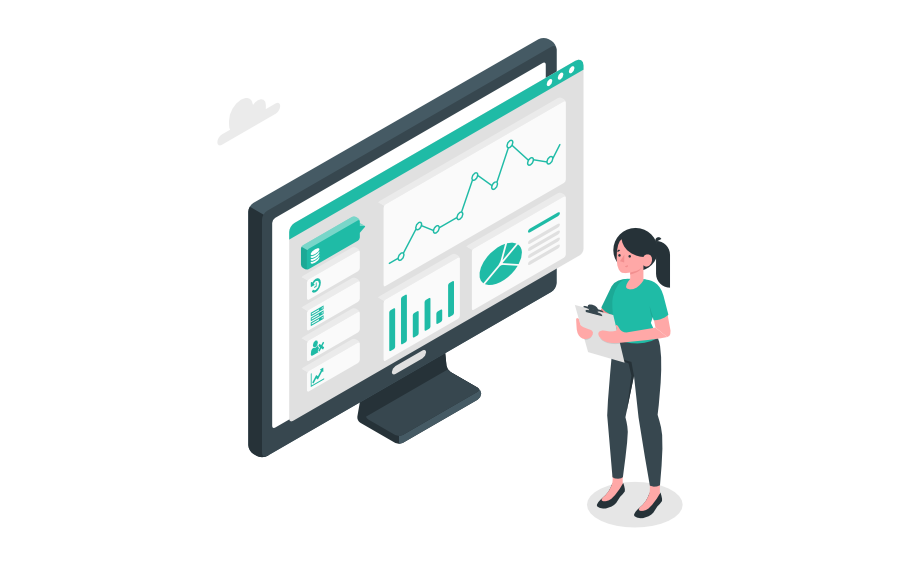 Eine Frau steht vor einem großen Bildschirm mit Diagrammen und Statistiken zur Ladezeitoptimierung von Websites und schnellen Datenbanken.