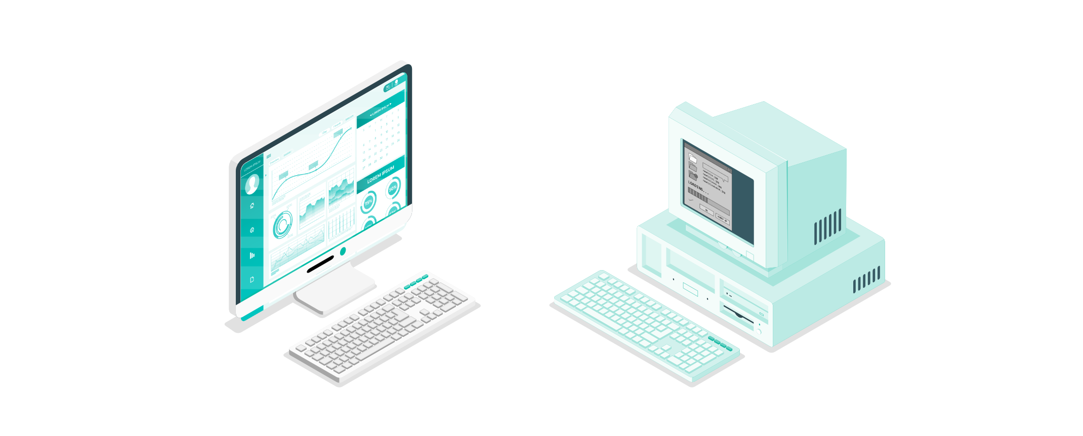 Gegenüberstellung eines modernen Computers mit Analyse-Dashboard und eines alten Desktop-PCs – Symbol für die Modernisierung von Legacy-Software sowie deren Risiken und Chancen.