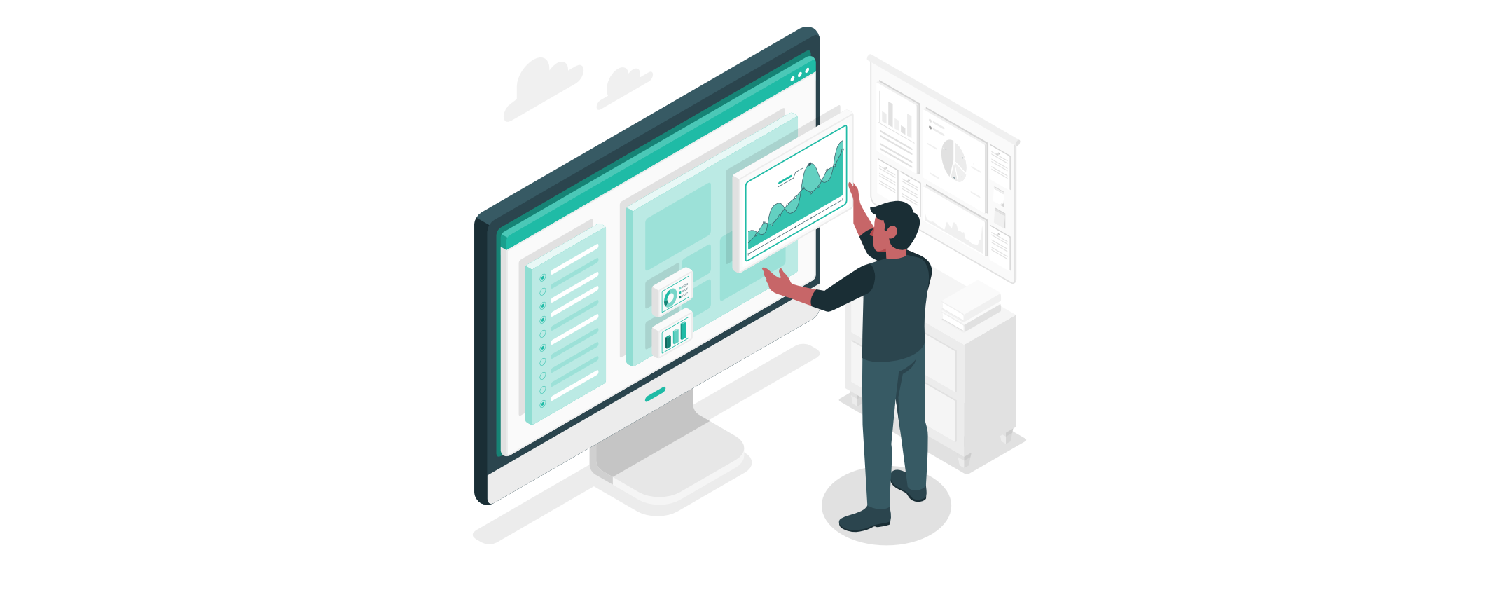 Illustration eines Nutzers, der interaktiv Datenanalysen und Diagramme auf einem großen Bildschirm bearbeitet, ergänzt durch weitere Datenvisualisierungen im Hintergrund.