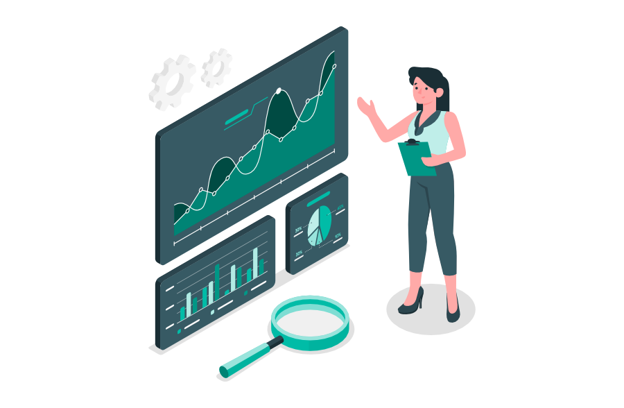 Person analysiert Diagramme und Kennzahlen auf mehreren Bildschirmen; Lupe und Zahnräder symbolisieren SEO-Tools zur Auswertung und Überwachung von Entitäten und Zusammenhängen.